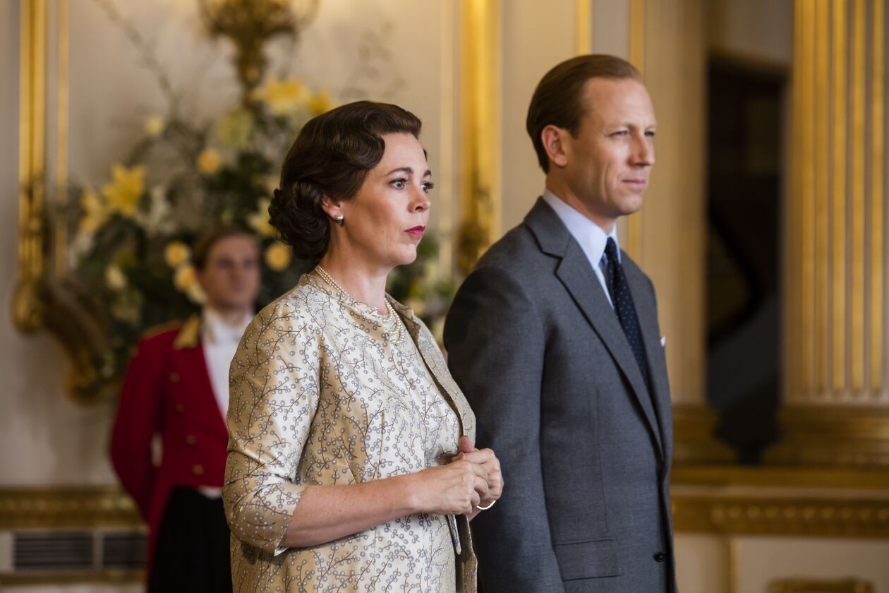 Olivia Colman and Tobias Menzies in a scene from “The Crown.”